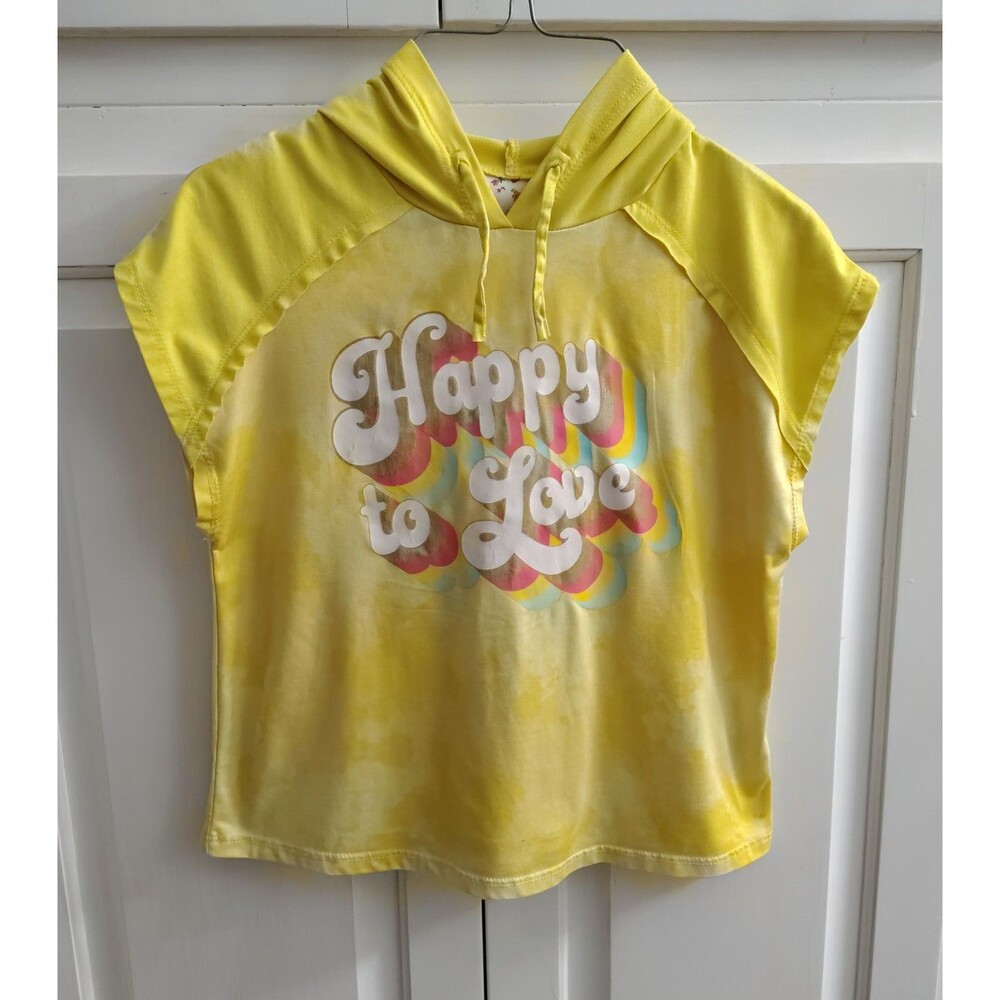 Belle du Jour Shirt Girls Medium Yellow Hooded Happy Love Graphic Tee Top 10/12